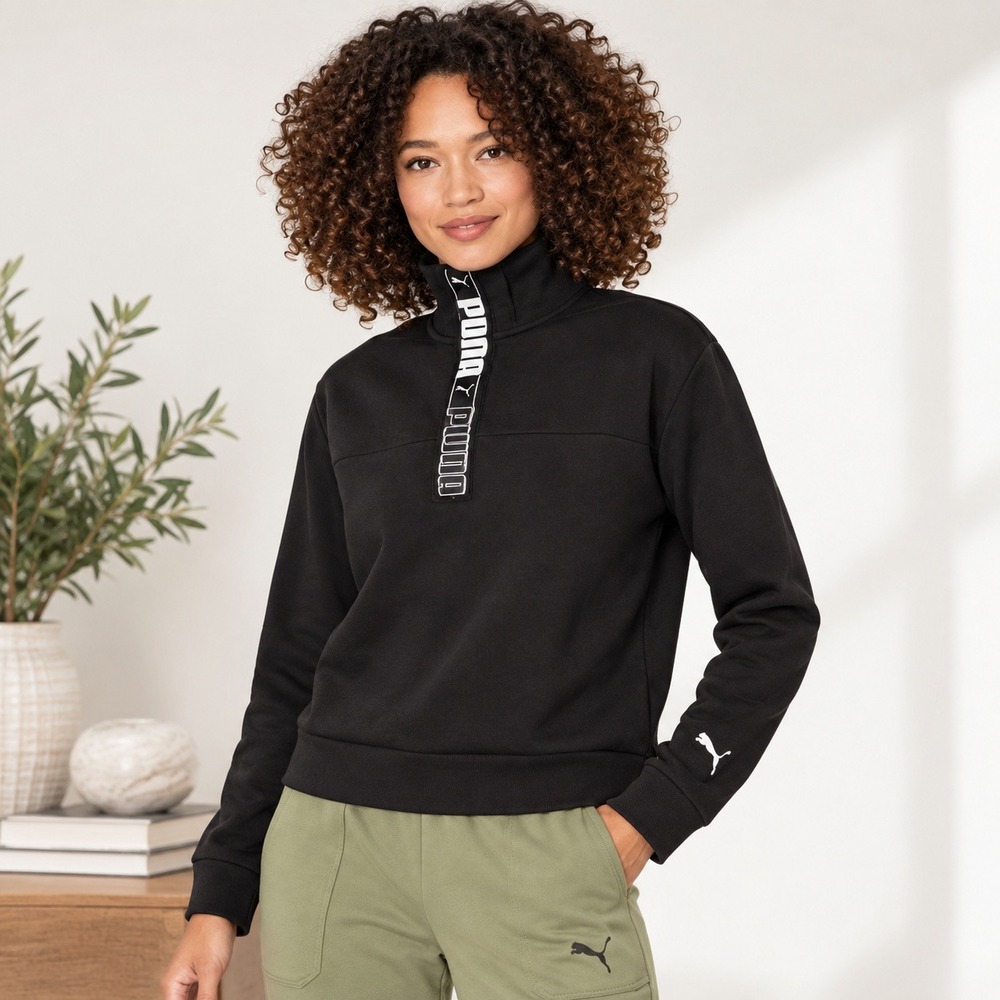 PUMA Womens Black Quarter Zip Pullover Sweatshirt Logo Mock Neck Size M
